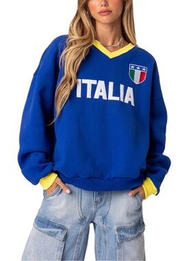 Edikted - Italia V-Neck Blue Crew Sweatshirt with Yellow Trim - Size XS